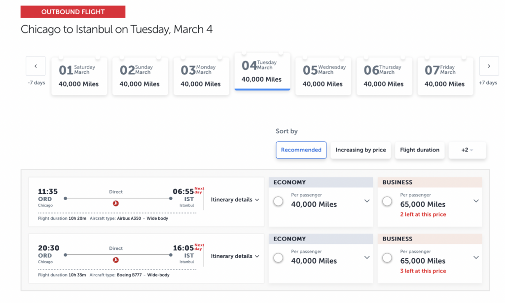 Screenshot flights to Istanbul from Chicago